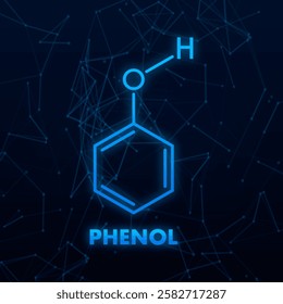 Phenol molecular structure with connected dots forming geometric pattern on dark blue background