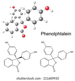Phenolphthalein molecule - structural chemical formula and model, 2d & 3d illustration, isolated on white background, balls and sticks, vector, eps 8 