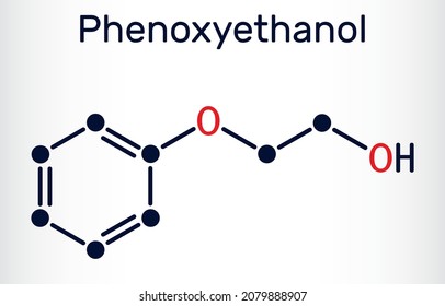 Phenoxyethanol primary alcohol molecule. It is glycol ether, antiinfective agent, preservative, antiseptic, solvent. Skeletal chemical formula. Vector illustration