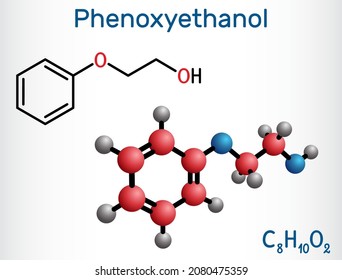 Phenoxyethanol primary alcohol molecule. It is glycol ether, antiinfective agent, preservative, antiseptic, solvent. Structural chemical formula, molecule model. Vector illustration