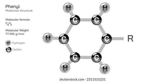 Phenyl molecular structure formula. Periodic table structural molecular formula Vector design. Pharmaceutical compounds and composition. Easily printable product with correct CPK colour.