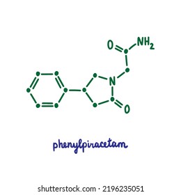 Phenylpiracetam hand drawn vector formula chemical structure lettering blue green prolonged stress treatment