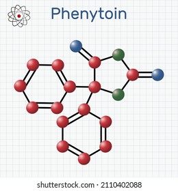 Phenytoin, PHT, diphenylhydantoin molecule. It is anticonvulsant, anti-epileptic, anti-seizure drug, hydantoin derivative. Molecule model. Sheet of paper in a cage. Vector illustration