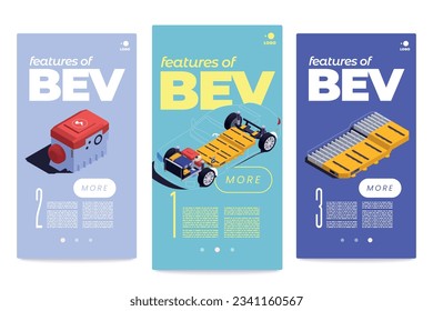 PHEV auto concept banner set with BEV type electric vehicles isometric isolated vector illustration