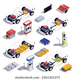 PHEV vehicles isometric icons set with plug in hybrid auto components isolated vector illustration