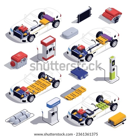 PHEV vehicles isometric icons set with plug in hybrid auto components isolated vector illustration