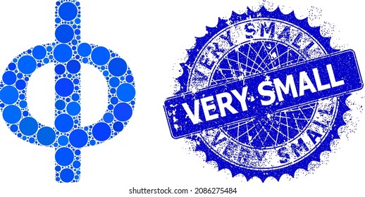 Phi Greek lowercase symbol vector mosaic of circle dots in different sizes and blue color shades, and distress Very Small stamp seal.