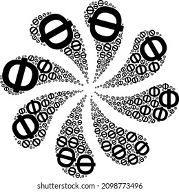 Phi Greek symbol icon twirl burst flower salute composition. Flower twirl composed from random Phi Greek symbol icons.