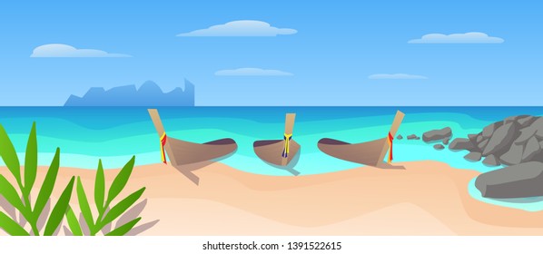 Phi phi island vector illustration for Thailand traveling advertising. Kon Phi Phi Don tropical beach with longtail boats in the blue sea. Tropical summer landscape for tourism vacation banner. 