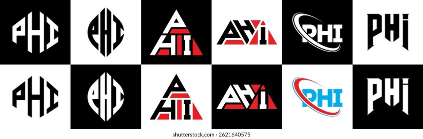 Diseño de logotipo de la letra de PHI en seis estilos. PHI polígono, círculo, triángulo, hexágono, estilo plano y simple con logo de letra de variación de color blanco y negro en una mesa de trabajo. Logotipo clásico y minimalista de PHI