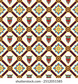 Phi Ta Khon Mask and Thai  pattern seamless pattern  ,vector illustrations on thai tone background. Collection of Phi Ta Khon Mask and perfect for invitations, fabric, textile, posters, prints, banner