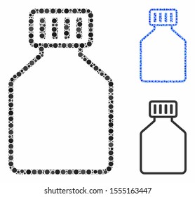 Phial mosaic of round dots in variable sizes and shades, based on phial icon. Vector round dots are combined into blue mosaic. Dotted phial icon in usual and blue versions.