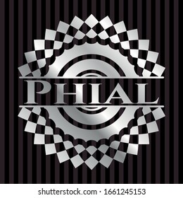 Phial silvery shiny emblem. Vector Illustration. Mosaic.