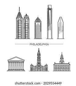 Philadelphia architecture line skyline illustration. Linear vector cityscape with famous landmarks