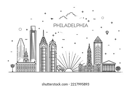 Philadelphia Architektur Linie Skyline-Illustration. Lineares Vektorbild mit berühmten Wahrzeichen