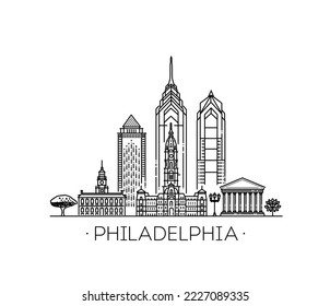 Philadelphia Architektur. Lineares Vektorbild mit berühmten Wahrzeichen