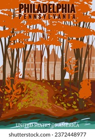 Philadelphia Autumn park valley, forest trail, walkway, river, lake, trees orange, yellow foliage. Poster fall seasone