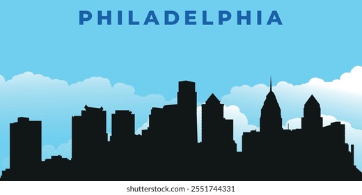 Philadelphia. Black silhouette of the city skyline. Vector on the background of blue sky with white clouds