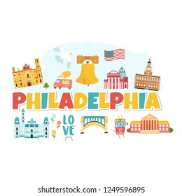 Philadelphia bright banner with landmarks and symbols. Illustrated tourist concept