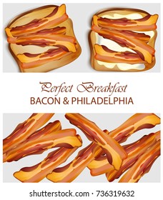 Philadelphia cheese and bacon toasts Vector realistic. Top view