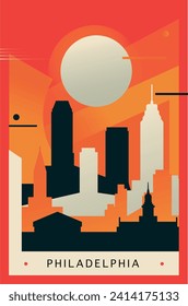 Philadelphia city brutalism poster with abstract skyline, cityscape. Pennsylvania state retro vector illustration. US travel front cover, brochure, flyer, leaflet, presentation template, layout image