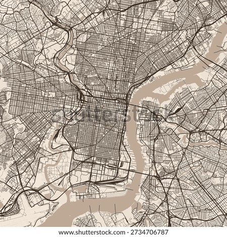 Philadelphia City Map discover the elegance of refined linework structured urban grid and subtle monochrome aesthetics in this sepia inspired vector file, emphasizing refined linework.