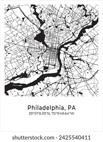 Philadelphia city map. Travel poster vector illustration with coordinates. Philadelphia, Pennsylvania, The United States of America Map in light mode.