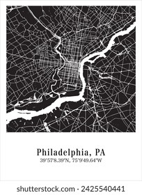 Philadelphia city map. Travel poster vector illustration with coordinates. Philadelphia, Pennsylvania, The United States of America Map in dark mode.