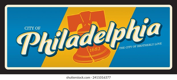 Ciudad de Filadelfia, placa de viaje en placa metálica, etiqueta de destino turístico. Cartel retro de la ciudad de los Estados Unidos, cartel de estaño o cartel vectorial de viaje de los Estados Unidos con libertad Bell