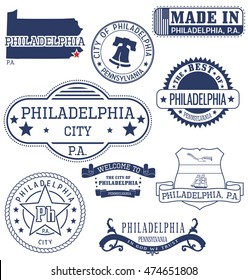 Philadelphia city, Pennsylvania. Set of generic stamps and signs.