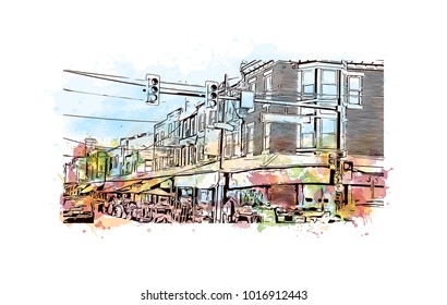 Philadelphia City in Pennsylvania, USA. Watercolor splash with hand drawn sketch illustration in vector.