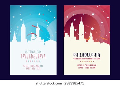 Philadelphia city poster with Christmas skyline, cityscape, landmarks. Winter USA holiday, New Year vertical vector layout for Pennsylvania brochure, website, flyer, leaflet, card