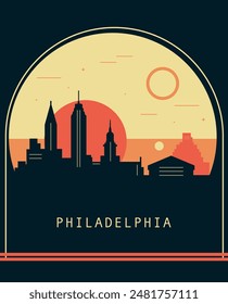 Philadelphia city retro style poster with skyline, cityscape. USA Pennsylvania state vintage vector illustration. US front cover, brochure, flyer, leaflet template, layout image