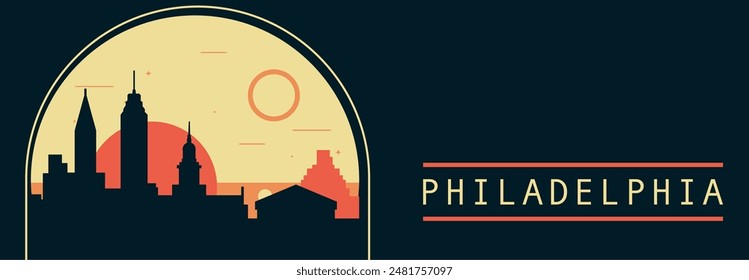 Anuncio de Vector de estilo retro de la ciudad de Filadelfia con horizonte, paisaje urbano. EE.UU. Pennsylvania estado vintage ilustración Horizontal. Diseño de viajes de los Estados Unidos de América para presentación de Web, encabezado, pie de página