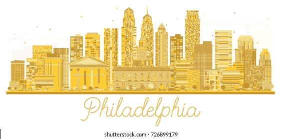 Philadelphia City skyline golden silhouette. Vector illustration. Business travel concept. Philadelphia Cityscape with landmarks.