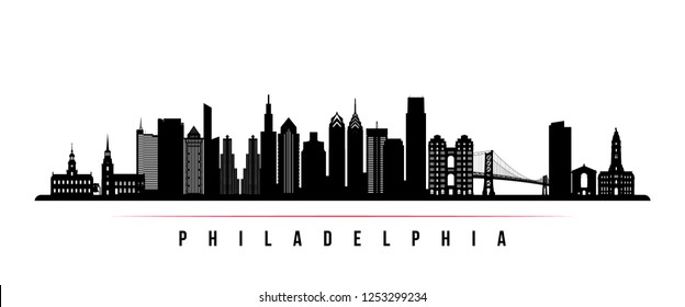 Philadelphia city skyline horizontal banner. Black and white silhouette of Philadelphia. Vector template for your design.