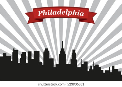 Philadelphia city skyline with rays background and ribbon