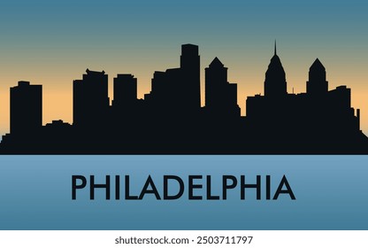 Philadelphia. The city skyline. Silhouettes of buildings. The sunset of the day. Vector on a blue background