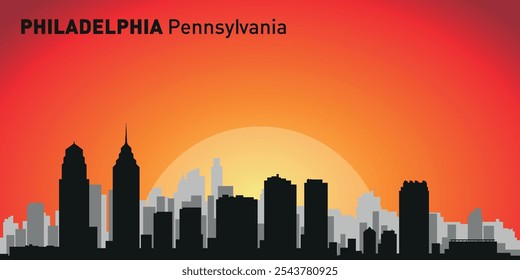 Horizonte de la ciudad de Filadelfia con siluetas de edificios con el telón de fondo de un Grande sol amarillo y cielo naranja. Vector en el fondo de la puesta del sol