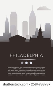 Philadelphia city template for website, presentation, front page, invitation, publication sheet with skyline, landmarks. Vector Pennsylvania state, USA image layout, simple and grayscale