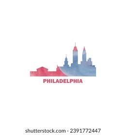 Philadelphia city US watercolor cityscape skyline panorama vector flat modern logo icon. USA, Pennsylvania state of America emblem with landmarks and building silhouettes. Isolated graphic