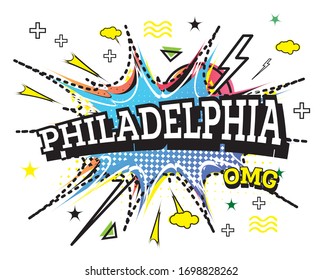 Philadelphia Comic Text in Pop Art Style Isolated on White Background. Vector Illustration.