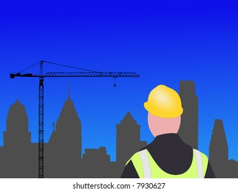 Philadelphia construction site with crane and worker