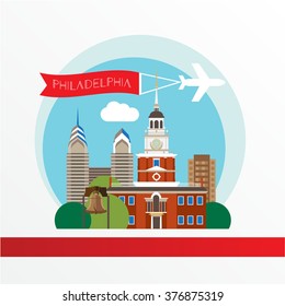 Philadelphia, detailed silhouette. Trendy vector illustration, flat style. Stylish colorful  landmarks. The concept for a web banner.  Liberty Bell  is an iconic symbol of American independence.