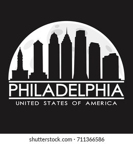 Philadelphia Full Moon Night Skyline Silhouette Design City Vector Art Background.