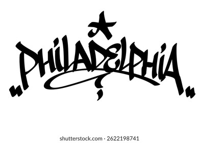 Philadelphia graffiti tag in bold black ink on white background. Urban street art lettering, vibrant and historic city name design, perfect for branding, prints, streetwear, and digital projects.
