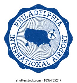 Philadelphia International Airport stamp. Airport of Philadelphia round logo with location on United States map marked by airplane. Vector illustration.