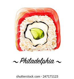 Philadelphia Maki-zushi sushi roll. Japanese cuisine, traditional food icon. Pixel perfect isolated vector illustration