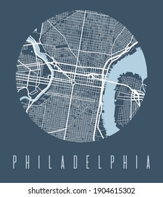 Philadelphia map poster. Decorative design street map of Philadelphia city. Cityscape aria panorama silhouette aerial view, typography style. Land, river, highways. Round circular vector illustration.