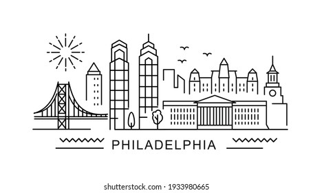 Philadelphia minimale Stil City Outline Skyline mit Typografie. Stadtbild mit berühmten Wahrzeichen. Illustration für Drucke auf Taschen, Poster, Karten. 